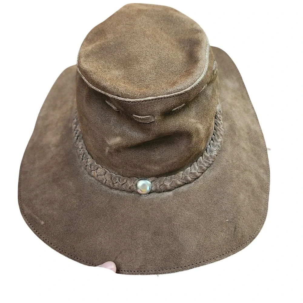 Banana Republic Vtg Klondike Leather Outback‎ Cowboy Hat Braided Band Concho S/M